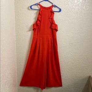 Vince Camuto Size 4 Sleeveless Red/Orange Halter Jumpsuit with Ruffle Details